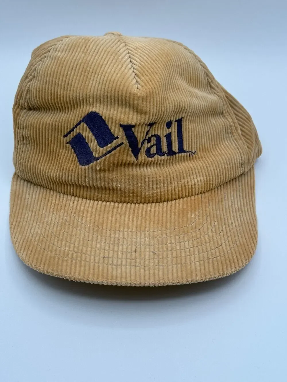 Vintage Vail Corduroy Snapback Hat Tan Leather Strap Cap Made in Taiwan USA